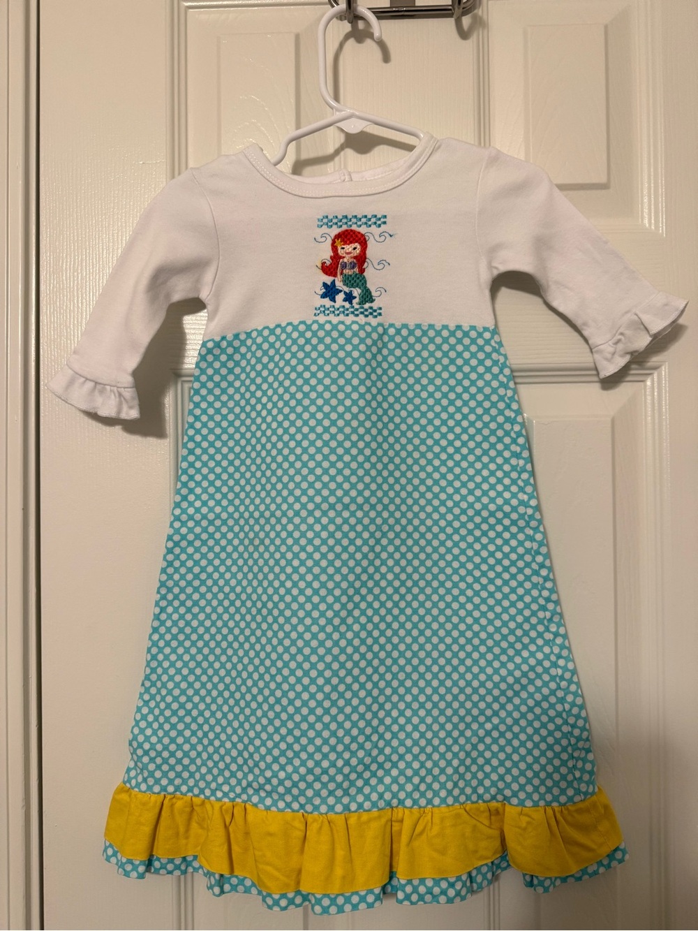 Mermaid embroidered Girls White & Aqua Polka Dot Dress with Yellow Ruffle 3-6 mo